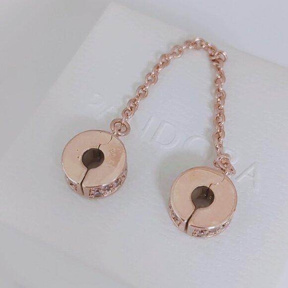 Pandora Clear Pavé Safety Chain Clip Charm Rose Gold with box
